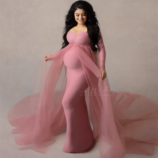 Baby Shower Long Tulle Dress Slash Neck Maternity Maxi Gown Pregnant Woman Long Dress