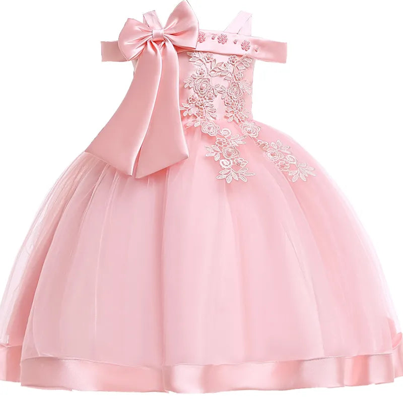 3-10 Years Kids Party Dresses Appliques Flower Elegant Wedding Dress With Bow Children Birthday Prom Gown