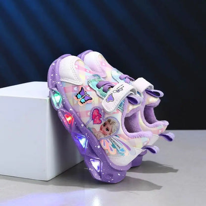 Disney LED Casual Sneakers Spring Girls Frozen Elsa Princess Print Pu Leather Children Shoes Lighted Non-slip Pink Purple