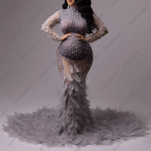 2pcs Beading Maternity Dress Glittering Feather Baby Shower Robe Pregnancy Photoshoot Dress