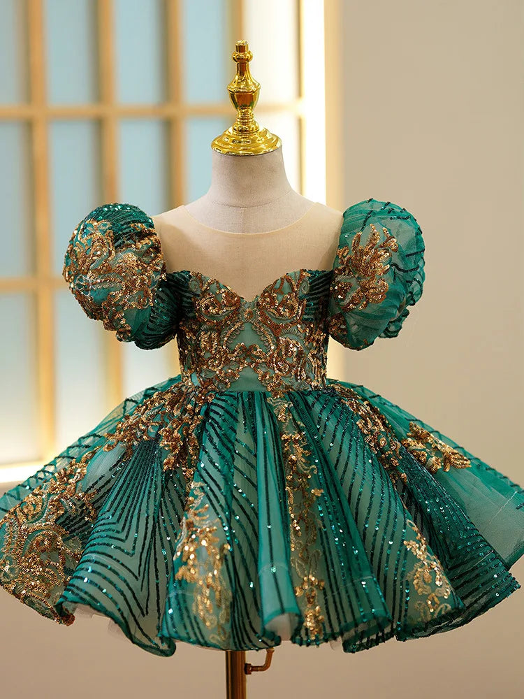 Kids Luxury Party Green Gold Dress Girls Size 3 To 14 Years Birthday Photo Shoot Gown Evening Formal Lace Dress Prom Frock