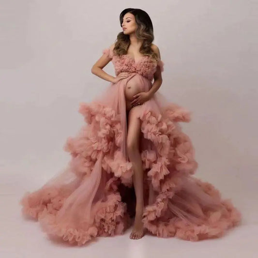 Pink Maternity Prom Dress Elegant Pregnant Ruffles Ball Gown Evening Party Baby Showers Photoshoot Outfit