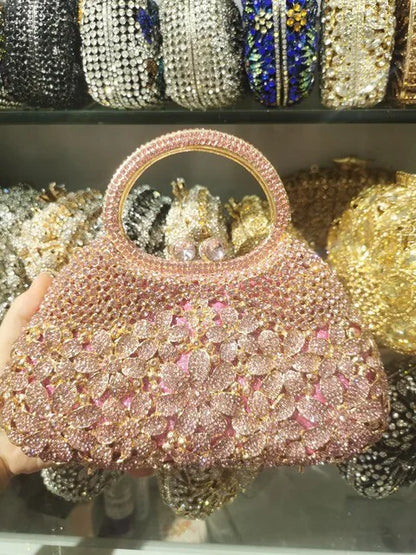 Gold Metal Pearl Top-Handle White Crystal Clutch Bag High Quality Women's Flower Diamond Wedding Bridal Handbags Fashionable Accessory