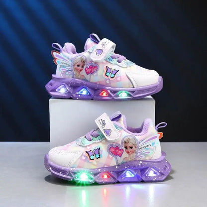 Disney LED Casual Sneakers Spring Girls Frozen Elsa Princess Print Pu Leather Children Shoes Lighted Non-slip Pink Purple
