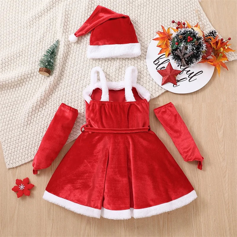 Toddler Newborn Baby's Clothes Santa Costume Sleeveless Belted Girl Dress Gloves Hat Set Children's Clothing Winter