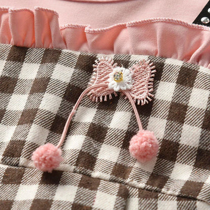 New autumn baby girls rivet plaid long-sleeved dresses Toddler lace princess dresses