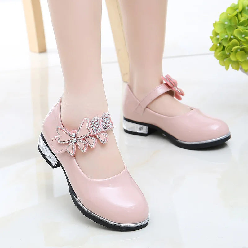 Girls Leather Shoes New Spring Summer PU Patent Leather Kids Dress Shoes High Heels Butterfly-knot Dress Shoes for Wedding Chic