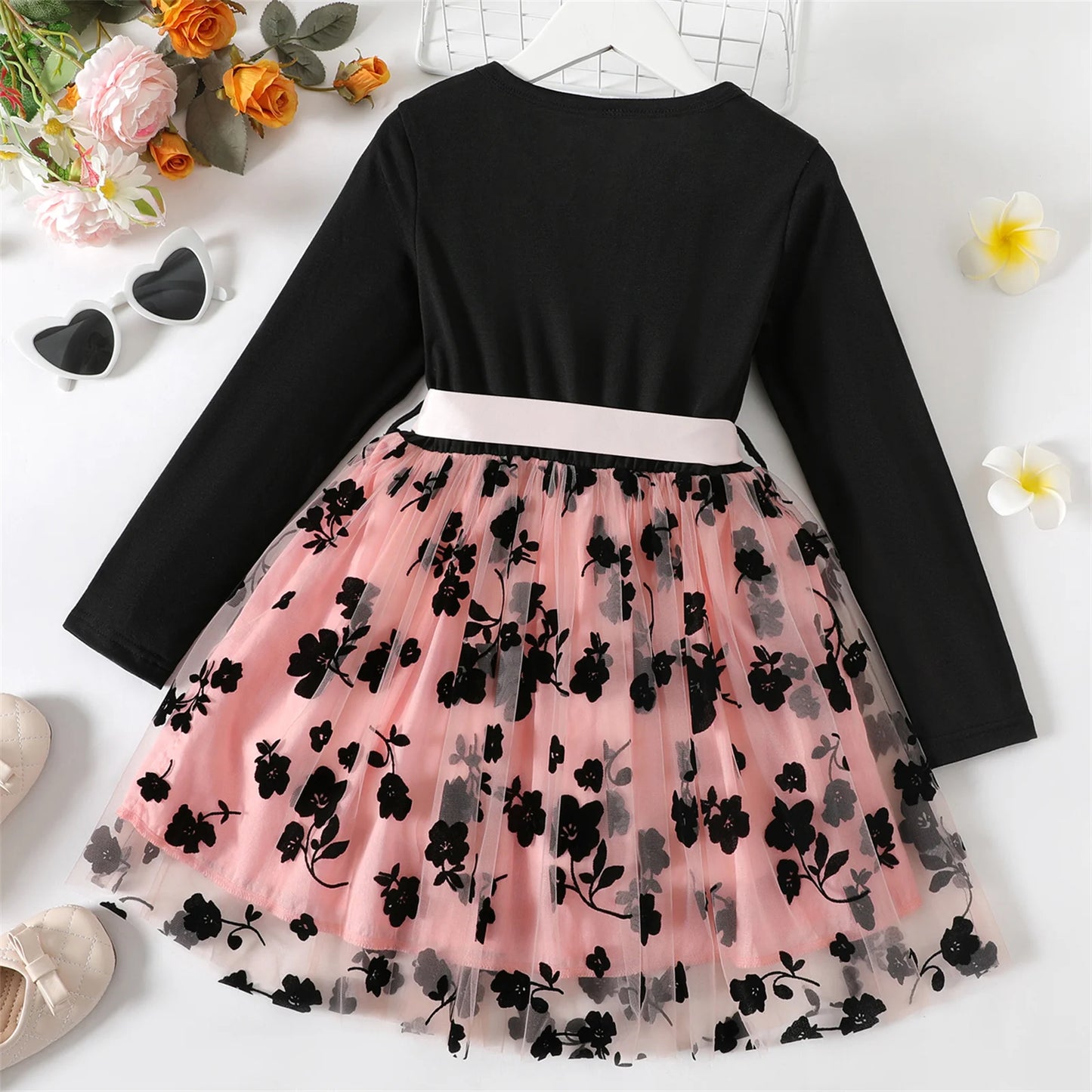 Floral Girl Dresses Embroidered Belted Mesh Splice Long-sleeve Dress Kids Clothes