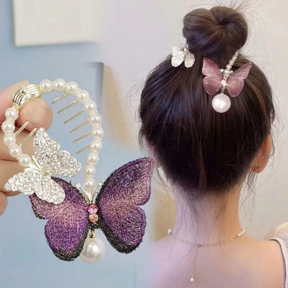 Fashion Pearl Rhinestone Butterfly Claw Clip Vintage Embroidered Butterfly Hairpin Girls Elegant Ponytail Hair Clip