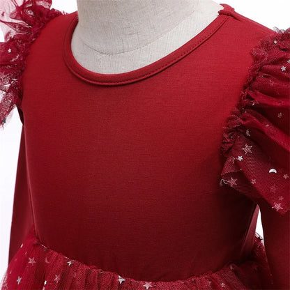 Red Girls Festive Dress Autumn Full Sleeve Tulle Mesh Kids Princess Birthday Party Clothes Children New Years Costumes