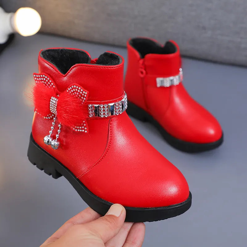 Girl Shoes Mid Length Warm Leather Boots Baby Bow Cute Cotton Shoes Plush Winter New Student Two Cotton Boots