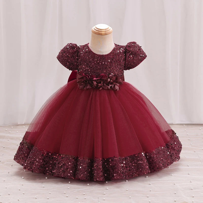 Big Bow Gold Sequins Party Baby Girls Dress Toddler Tutu Lace Birthday Princess Dresses Wedding Festive Occasion Girls Gown