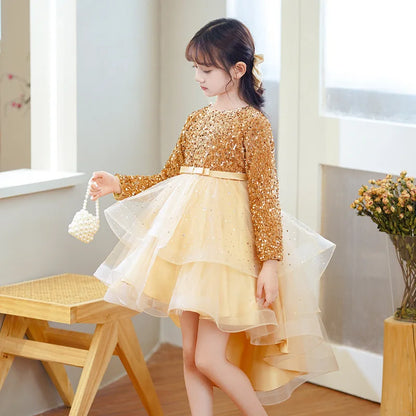 Girls Elegant Long Sleeve Winter Pageant Wedding  Luxury Party Evening Dresses 3 to 12 Years Old Kid's Golden Sequin Costume