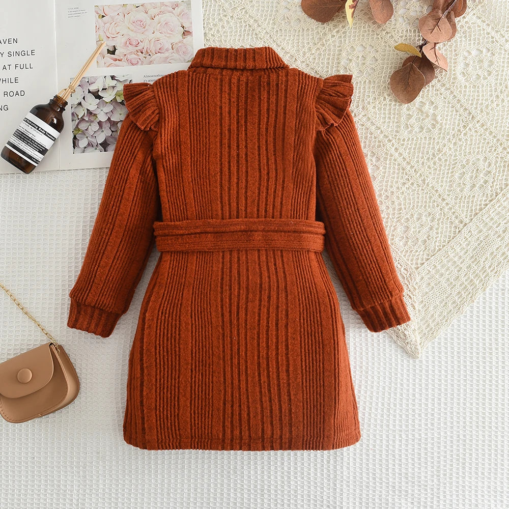 New Children's Autumn Winter Woolen High Neck Flying Sleeve Lace up Knitted Long Sleeve Dress