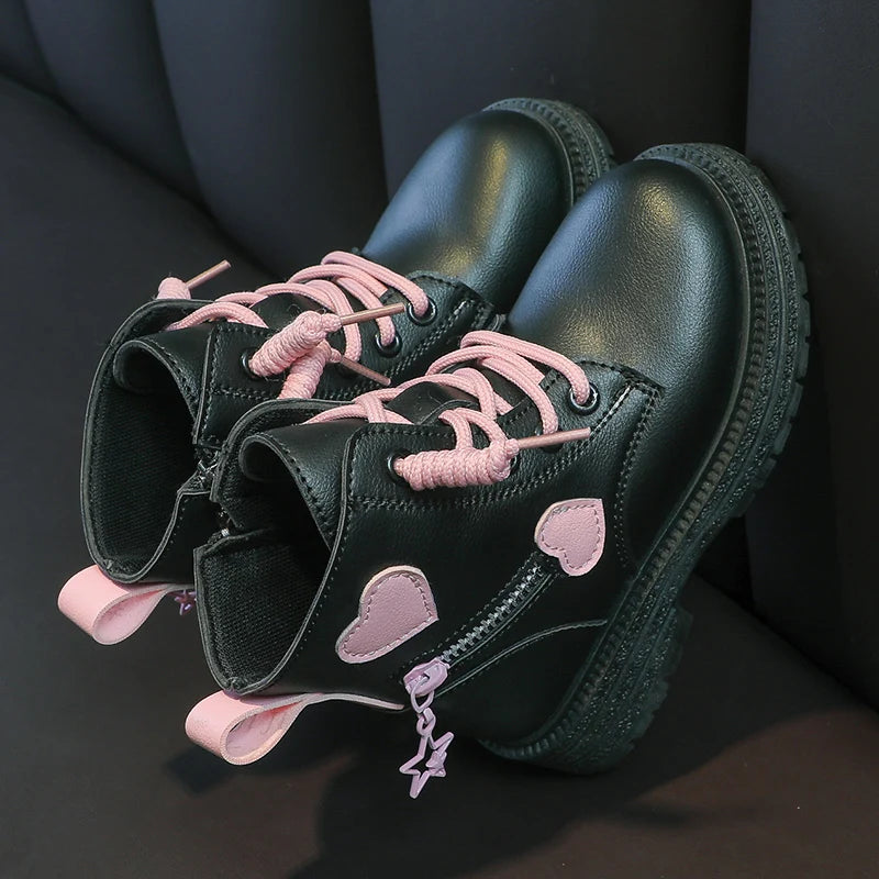 Girls Rubber Boots Kids Fashion Cool Girl Autumn and Winter Cotton Soft Sole Pink with Love Side Zip Princess Round-toe PU Footwear