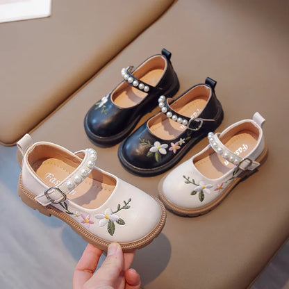Girls Embroidery Princess Shoes 2024 Spring and Autumn Soft Bottom Children's Leather Shoes Little Girl Shallow Mouth Shoes