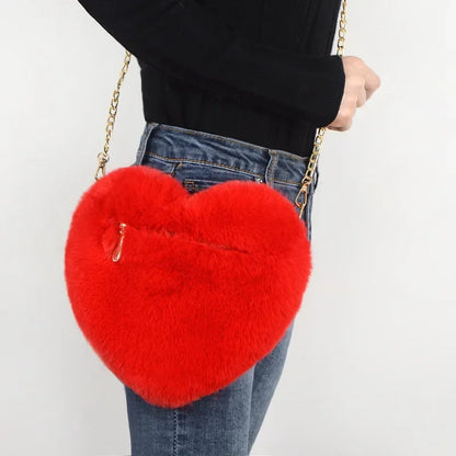 Women's Heart Shaped Fashion Handbags Cute Kawaii Faux Fur Crossbody Wallet Bags Plush Chain Shoulder Lay Handbags