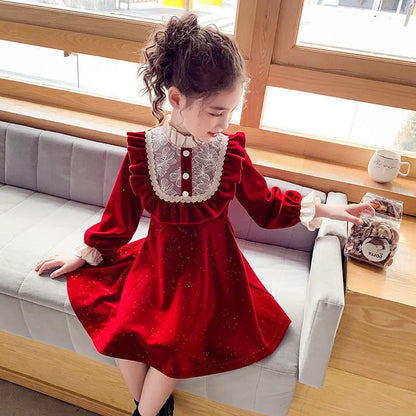 Hot Red Dress For Girls Birthday Party Performance Clothes New Winter Spring Autumn Children Velvet Glisten Dress