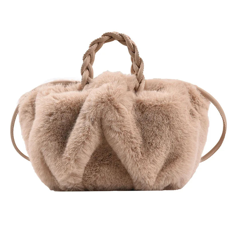 2024 New Winter Women Fur Bucket Bag High-quality Soft Plush Weave Shoulder Strap Handbag Ladies Crossbody Bags