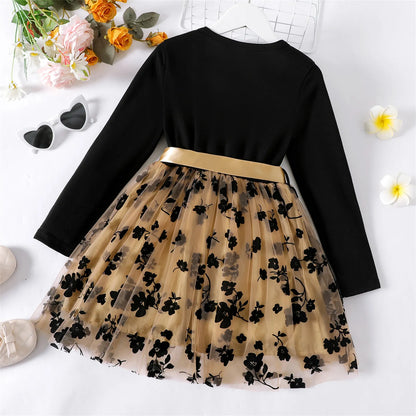 Floral Girl Dresses Embroidered Belted Mesh Splice Long-sleeve Dress Kids Clothes