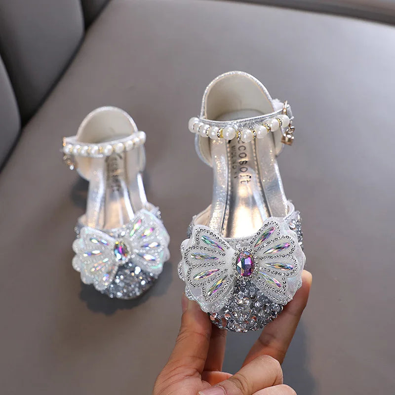 Kids Lace Bow Sandals Cute Girls Colorful Rhinestone Sandals Princess Party Baby Fashion Soft Sole Flat Shoes