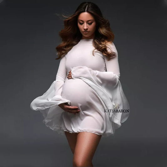 White Chiffon Maternity Photoshoot Dress Flare Sleeve See Through Pregnancy Photography Outfit