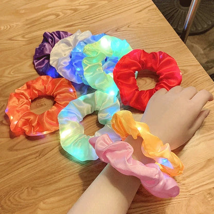 Girls LED Luminous Scrunchies Hairband Ponytail Holder Elastic Hair Bands Solid Color Headwear Accessory
