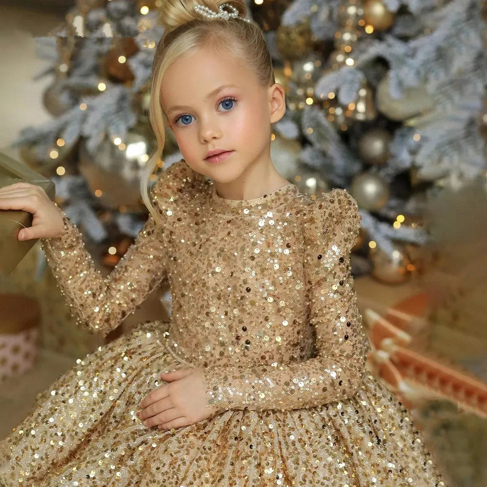 Elegant Baby Girl Puffy Gauze Dresses Birthday Party Princess Prom Dress Kids Gold Sequin Long Sleeve Ball Gown