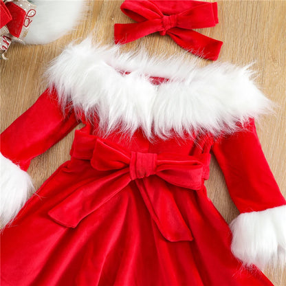 Latest Baby Girl Christmas Clothes Set Faux Fur Patchwork Long Sleeve Off Shoulder A-Line Dress with Belt + Bow Headband