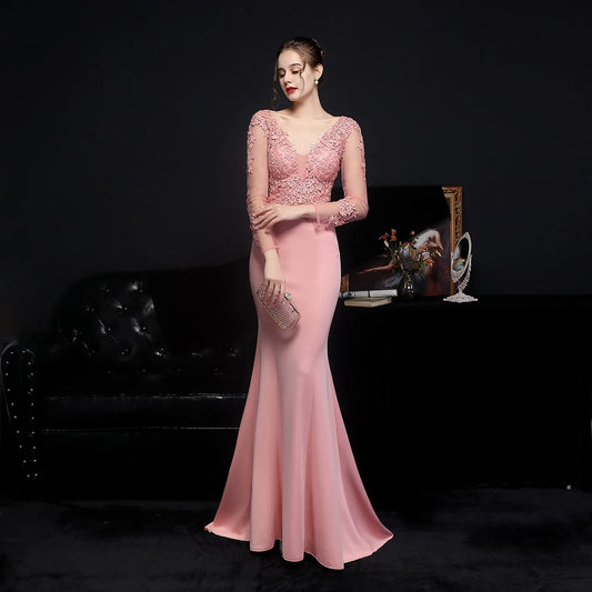 Women Pink Long Dress V-Neck Appliques Full Sleeve Evening Dress See through Elegant Party Dress