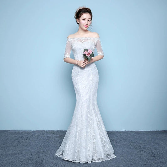 Princess Flower Lace White Wedding Dress Vintage Boat Neck Half Sleeves Trumpet Wedding Dress