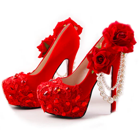 New Red Color Flock Women Wedding Shoes Bride High Heels Big Flower Shoes