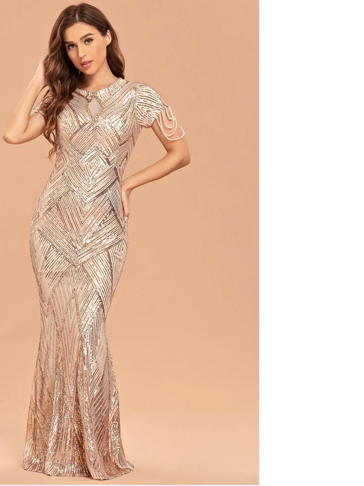 White Silver Sequin Evening Dress