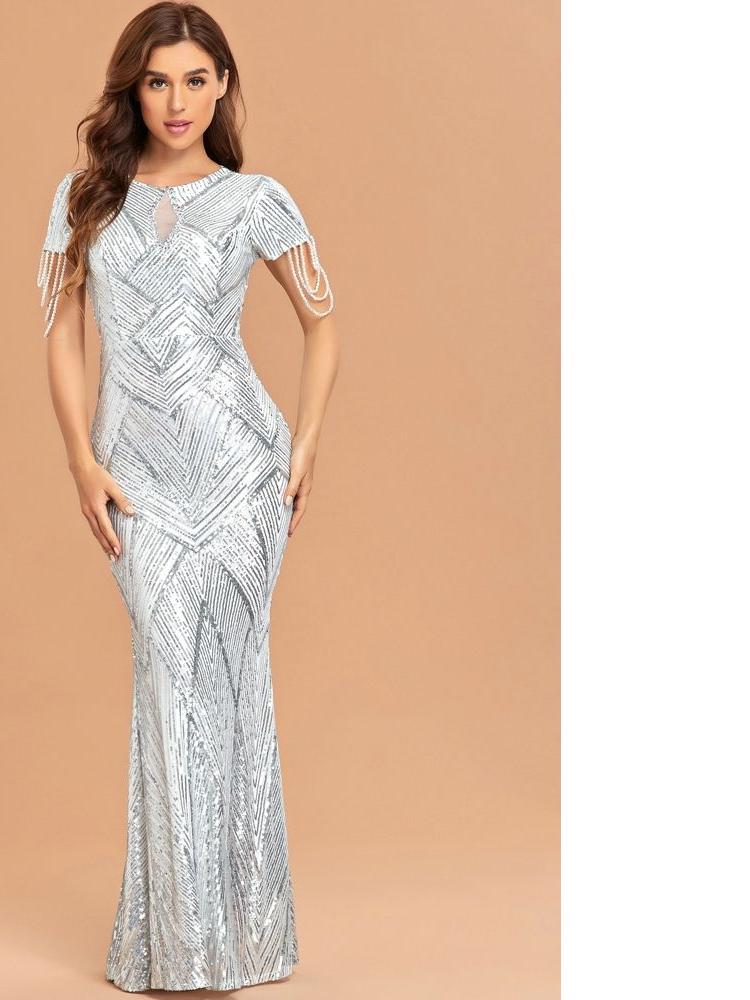 White Silver Sequin Evening Dress