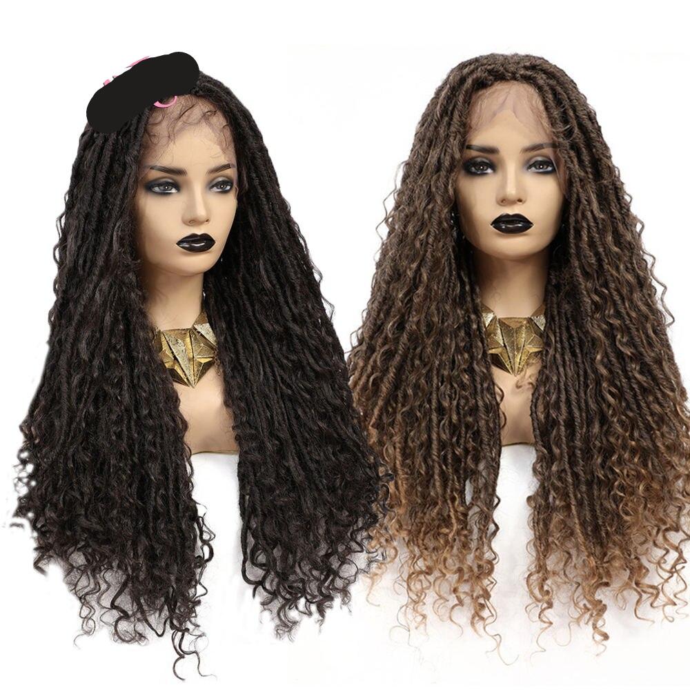 Braided WSynthetic Lace Front Wig Synthetic Lace Front Wig Synthetic Lace Front Wig Synthetic Lace Front Wigigs Synthetic Lace Front Wig with Ombre Brown Curly Faux Locs Crochet Hair For Women Soku Long Dreadlocks Braid Wig