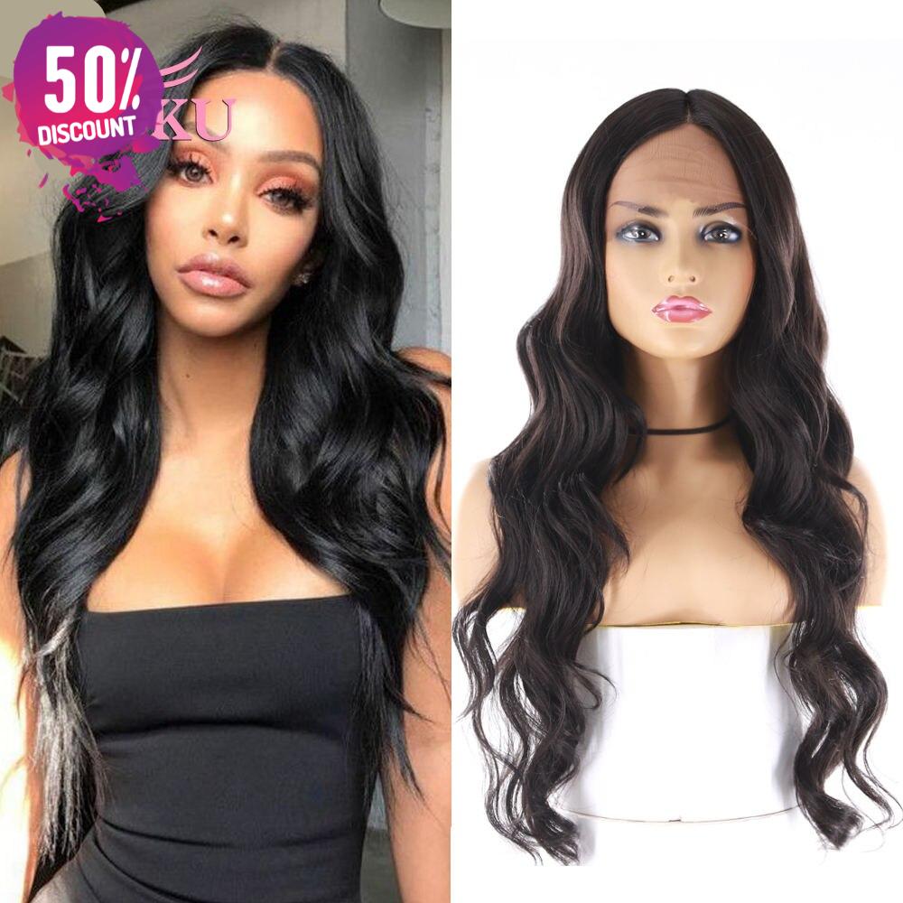Long Wavy Synthetic Lace Front Wigs 28 Inches Body Wave Black Hair For Women Natural Looking Ombre Middle Part Lace Wig SOKU