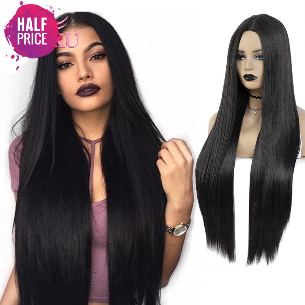 Soku Super Long Straight Synthetic Wig Dark Brown Hair For Black Women Party Daily Hairstyle Middle Part Classical Afro Wig