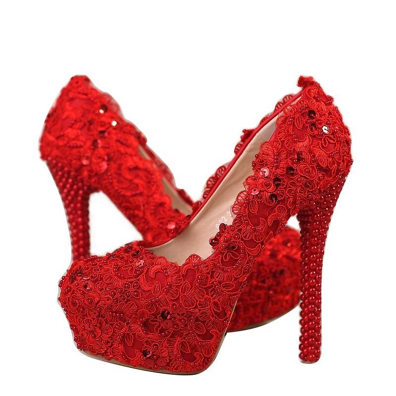 BaoYaFang Red lace pearl Womens Wedding shoes Bride Lace thin heel High heels Party dress shoes woman female shoes