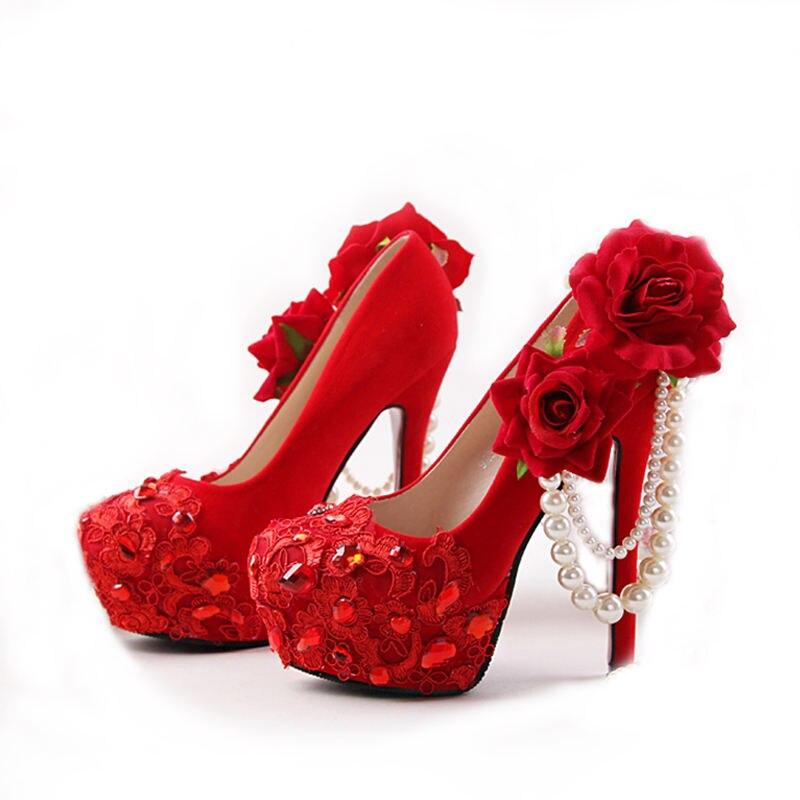 New Arrival Red color Flock Women wedding shoes Bride 8cm/11cm/14cm high heels platform shoes Bridal Big Flower shoe Red sole