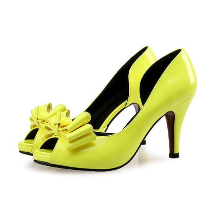 Patend leather Lemon yellow Summer sandals womens shoes Peep toe Platform shoes Plus size fish toe woman Sandals ladies bowknot