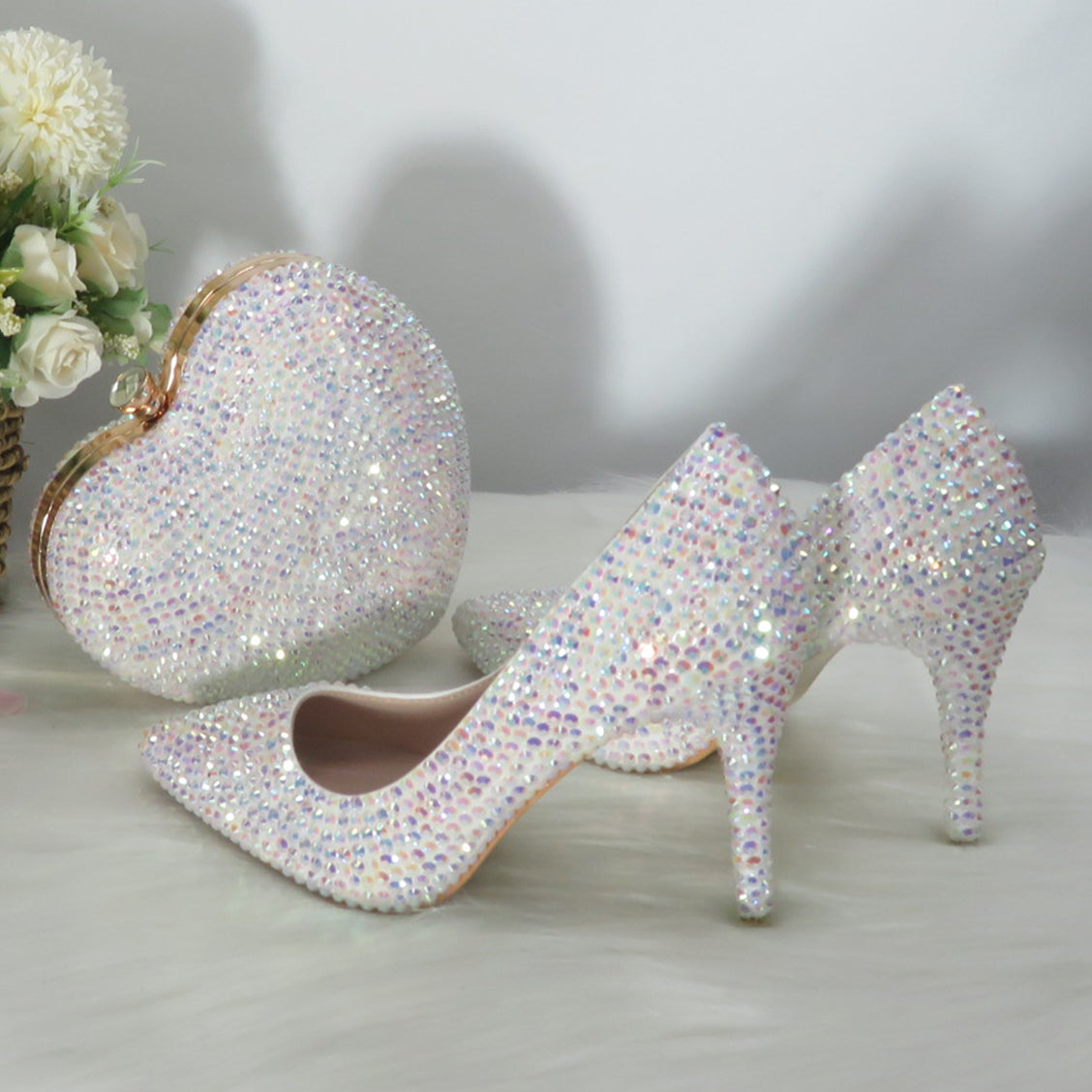 White AB Bling Pointed Toe Wedding Shoes - paloma-beauty-world