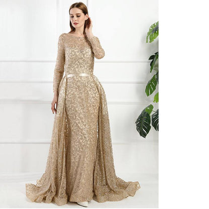 Gold Mermaid Long Luxury Glitter Muslim Dresses With Train