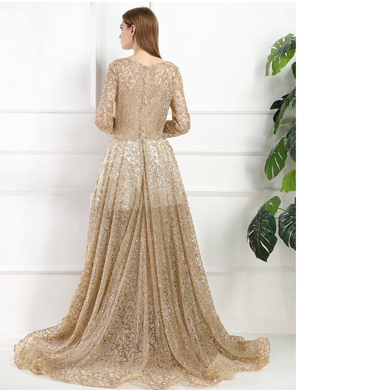 Gold Mermaid Long Luxury Glitter Muslim Dresses With Train