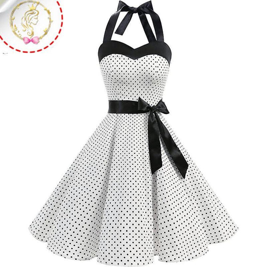 Women Polka Dot Print Summer Dress Sexy Retro White Halter Vintage Dress Plus Size Robe Femme Pin Up Rockabilly Party Dress
