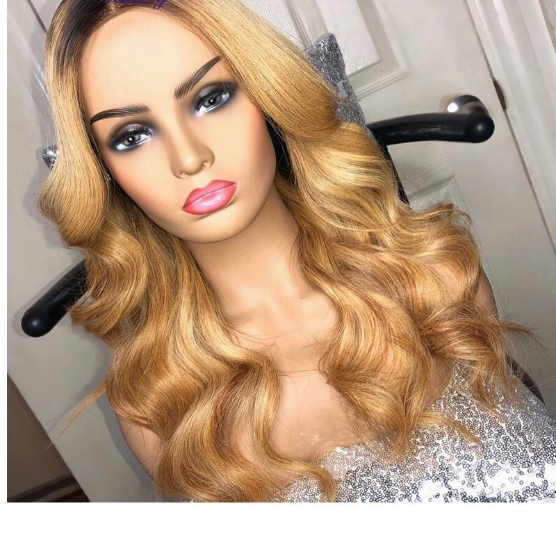 Ombre Blonde Wavy Human Hair Wig Glueless Brazilian Remy Lace Closure Human Hair Wig For Women #1b/27 Color 150% Density Wigs