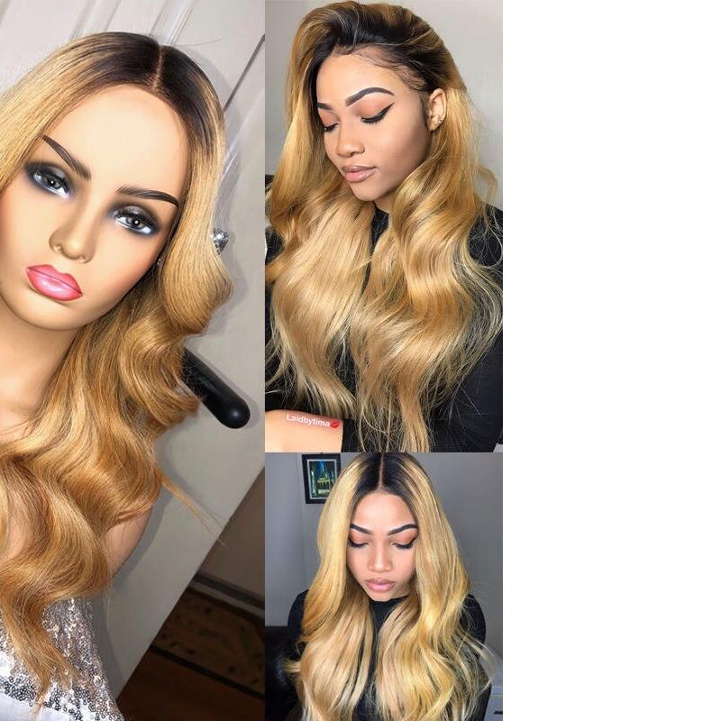 Ombre Blonde Wavy Human Hair Wig Glueless Brazilian Remy Lace Closure Human Hair Wig For Women #1b/27 Color 150% Density Wigs