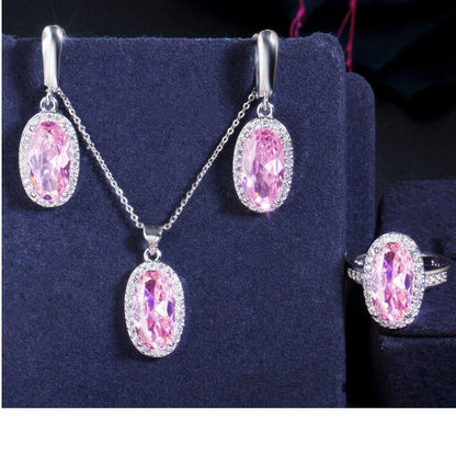Sparkling Long Oval Pink Cubic Zircon Engagement Ring Necklace and Earrings Set