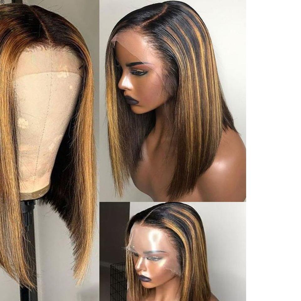 Short Bob Straight Ombre Highlight Lace Front Human Hair Wigs