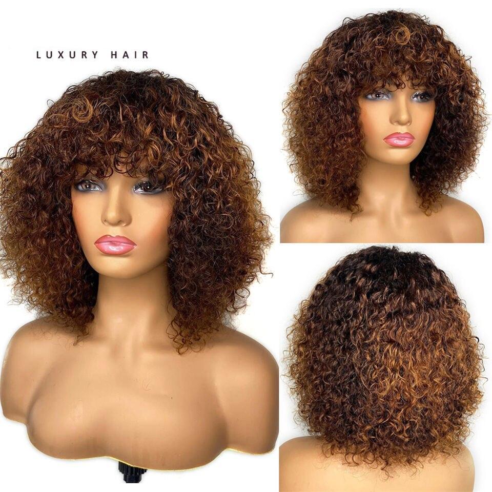 Jerry Curly Short Pixie Bob Cut Human Hair Wigs With Bang Honey Blonde Ombre Color Non lace front Wig For Black Women Remy Hair