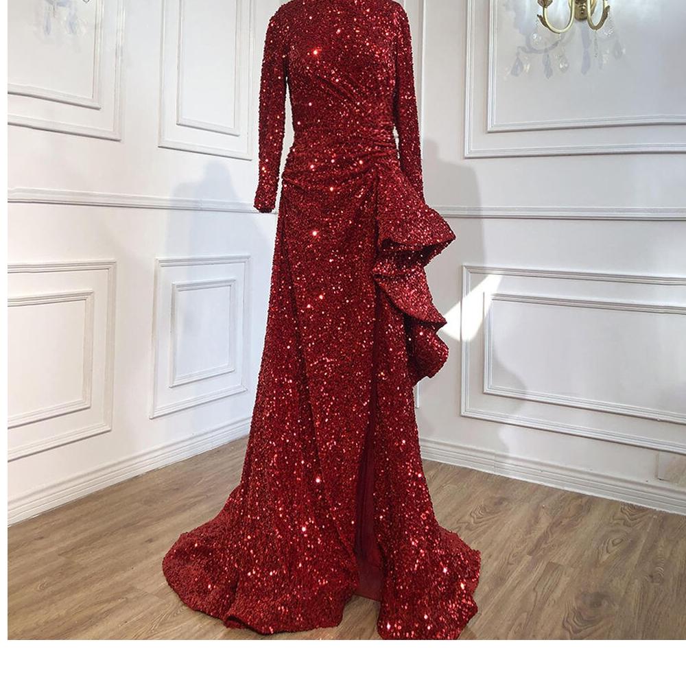 Dubai Luxury One Shoulder Red Evening Dresses 2021 Sequined Sparkle Mermaid Sexy Fromal Dress Serene Hill HM67056